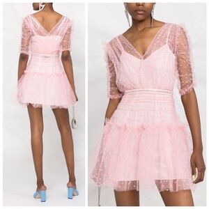 Self-Portrait Mesh Tulle Swiss Dot Ruffle Mini Dress Rhinestone Belt Blush Pink